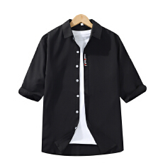 批发实拍弹力冰丝七分袖衬衫<b class='q'>男士</b>中袖衬衣刺绣抗皱免烫夏季薄款修身韩