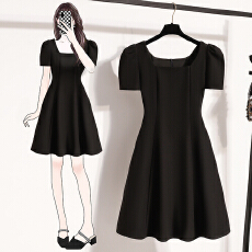 批发赫本风方领连衣裙女夏季2025新款<b class='q'>甜美</b>法式黑色裙子森系初恋小黑裙