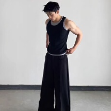批发假两件美式修身工字背心男基础款坑条肌理紧身设计感无袖t恤上衣