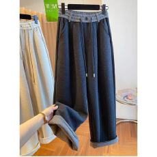 批发大码300斤韩版宽松休闲加厚磨毛直筒阔腿毛呢裤男女冬季拖地长裤