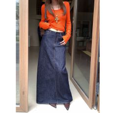 批发实拍 美式复古高腰辣妹半身裙长裙<b class='q'>百搭</b>开叉a字裙牛仔裙