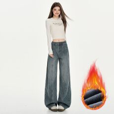 批发实拍  极光纹牛仔裤女<b class='q'>高腰</b>阔腿直筒裤九分&长裤&加长 常规&加绒