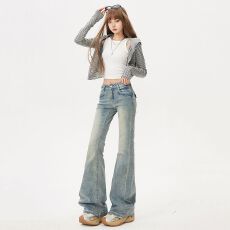 批发实拍 水洗做旧不贴腿微喇显瘦<b class='q'>牛仔裤</b>2025新款低腰蓝色<b class='q'>弹力</b>裤子