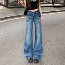 批发<b class='q'>实拍</b> 高光蓝美式复古低腰微喇宽松直筒牛仔<b class='q'>裤</b>女显瘦拖地阔腿<b class='q'>裤</b>