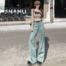 批发<b class='q'>实拍</b> 怀旧蓝阔腿牛仔<b class='q'>裤</b>女2025冬季特色口袋褶皱拖地<b class='q'>裤</b>