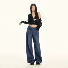 批发<b class='q'>实拍</b> 2025高腰扣子牛仔皱褶拖地<b class='q'>裤</b>老爹阔腿<b class='q'>裤</b><b class='q'>黑色</b>复古蓝