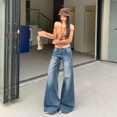 批发<b class='q'>实拍</b> 美式阔腿牛仔<b class='q'>裤</b>高腰宽松显瘦慵懒风垂感直筒拖地<b class='q'>裤</b>