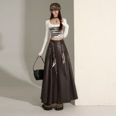 批发实拍 高端定制&复古气质半身裙新款显瘦PU皮大摆伞裙女
