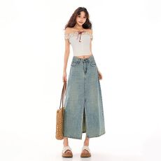 批发实拍 春夏新款美式休闲复古<b class='q'>牛仔</b>半身裙中<b class='q'>长裙</b>开叉高腰包臀