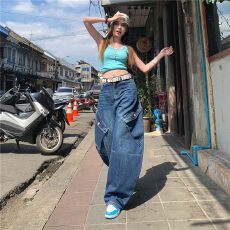 批发实拍 宽松松紧腰工装裤纯棉数码印花复古牛仔裤新款阔腿休闲工装