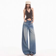 批发实拍 猫须磨白高腰牛仔裤女水洗复古蓝色刺绣显瘦做旧阔腿休闲裤