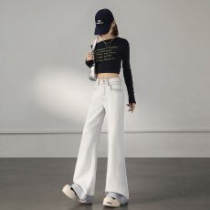 实拍 春夏高级感撞色宽松牛仔裤女新款月光灰超柔高腰垂感喇叭裤