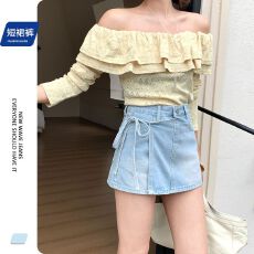 批发实拍 奶蓝色牛仔高腰短裙裤2026春季新款设计感绑带显瘦A字裙子