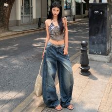 批发实拍 <b class='q'>春</b>夏新款破洞辣妹风装阔腿裤工装裤弯刀牛仔裤女长裤，加长