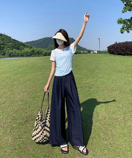 실사 고급 맞춤 주간 실크 면 린넨 수직 감기 와이드 레그 팬츠 다용도 새로운 캐주얼 루즈핏 바닥 청소 바지