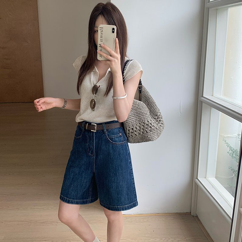 실사 데님 5 점 반바지 여성 파란색 레트로 선물 벨트