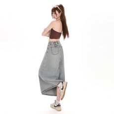 批发实拍 高腰复古牛仔裙女半身裙新款百搭开叉复古中长a字裙子