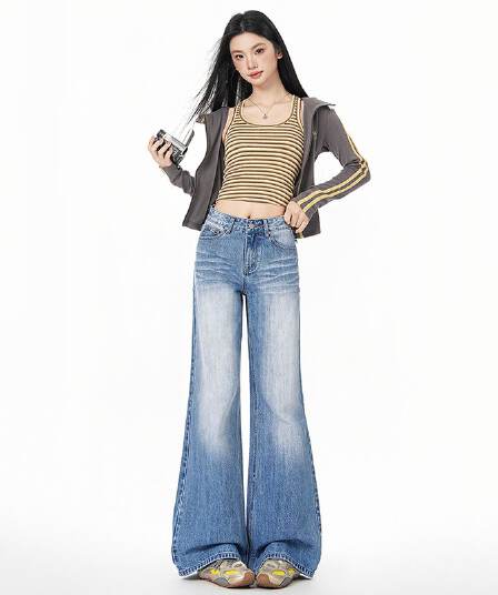 실사 아메리칸 하이웨이스트 핫걸 루즈핏 나팔 바지 도루 센스 끌기 가을 다용도 루즈핏 튜브 라 슬림해 보이는 청바지