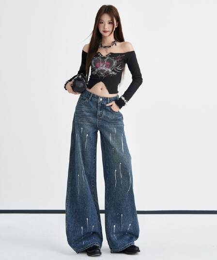 실사 진한 파란색 아마 뜨거운 은 디자인 센스 청바지 여성 2026 이른 가을 하이웨이스트 레트로 루즈핏 모통이 칼 바지