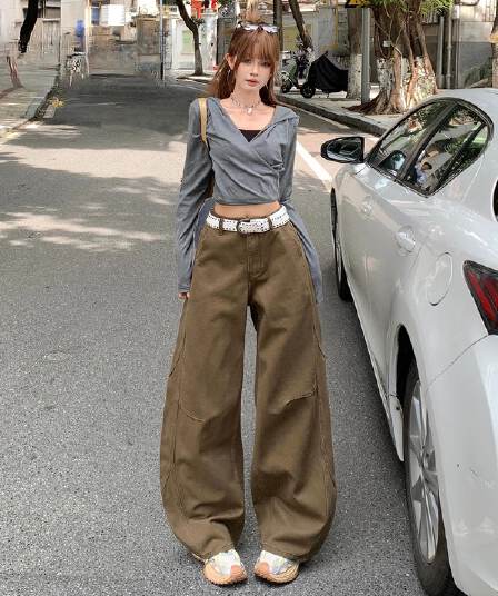 실사 아메리칸 브라운 커피 색상 넓은 다리 청바지 여성 2026 가을 새로운 하이웨이스트 느긋한 느슨함 센스 스트레이트 팬츠