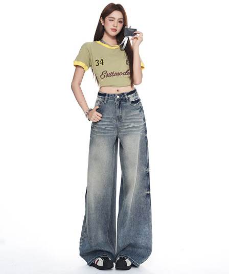 실사 가을 의상 새로운 핫걸 바람 와이드 레그 팬츠 패션 트렌드 스트레이트 팬츠 여성 의류 청바지 여성