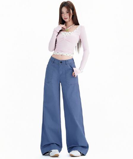 실사 아메리칸 레트로 헤링본 사선 무늬 데님 높음 거리 루즈핏 넓은 湘 일 청바지 여성