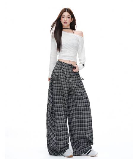 실사 아메리칸 레트로 클래식 체크무늬 긴 바지 여성 이른 가을 느긋한 루즈핏 캐주얼 넓은 다리 바닥 청소 바지