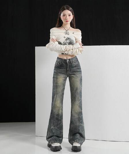 실사 노스탤지어 수공 자수 핀치 Pleat 전체 스프레이 말 骝 무거운 작업 노스탤지어 센스 이문화 부츠컷 청바지