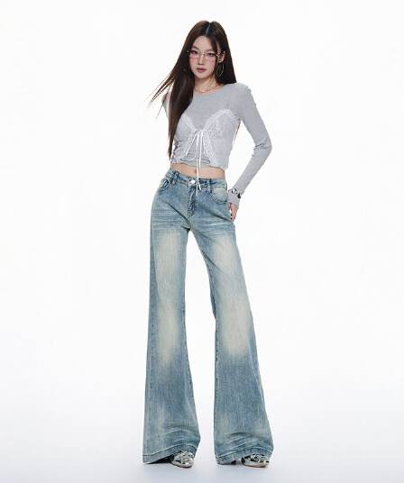 실사 아메리칸 레트로 로우 웨이스트 핫걸 나팔 바지 도루 센스 슬림해 보이는 몸매 가꾸기 다용도 이른 가을 청바지 여성