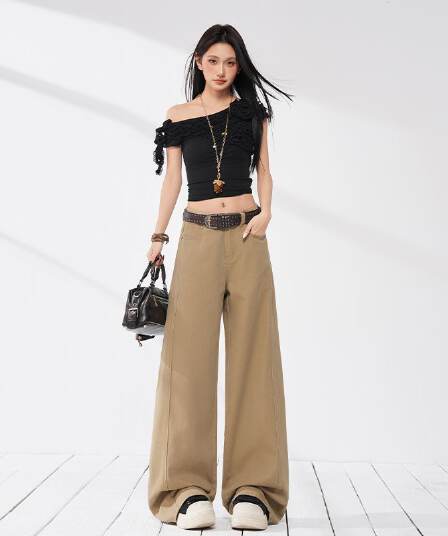 실사 가을 아메리칸 카키 색 폭발 측면 솔기 당겨 높은 개성 디자인 슬림해 보이는 바닥 청소 넓은 다리 청바지 여성