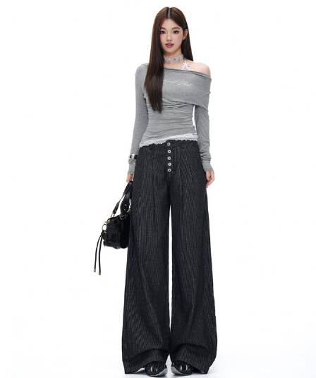 실사 다섯 번째 회사 버클 더블 주름 한 마디 슬랙스 여성 아메리칸 스트라이프 고급 센스 캐주얼 넓은 다리 길이 바지