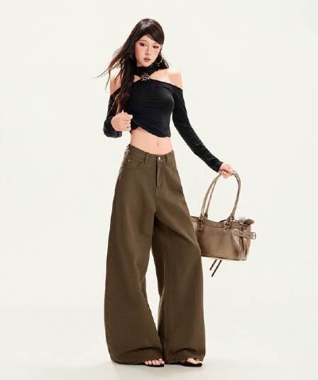 실사 202 가을 청바지 여성 넓은 다리 아메리칸 등 허리 더블 허리 선 느긋한