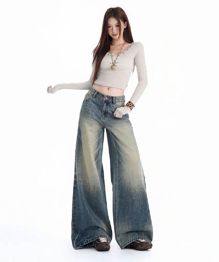실사 레트로 아메리칸 무거운 작업 워싱 루즈핏 넓은 다리 다용도 캐주얼 넓은 다리 스트레이트 바닥 청소 청바지 새로운