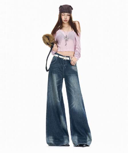 실사 느슨함 느긋한 와이드 레그 팬츠 조수 브랜드 작은 대중 루즈핏 도루 센스 아메리칸 레트로 이른 가을 청바지 바닥 청소 바지