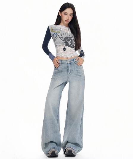 실사 레트로 마 오래된 고양이 반드시 압력 주름 청바지 여성 2026 년 봄 가을 새로운 루즈핏 넓은 다리 슬림해 보이는 긴 바지
