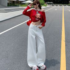 批发实拍 美式<b class='q'>白色</b>不贴腿<b class='q'>牛仔裤</b>女新款设计感刺绣宽松百搭直筒裤