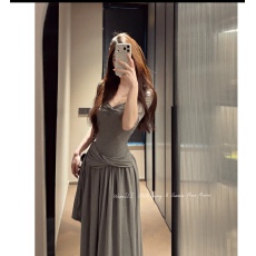 批发纯欲风灰色扭结性感修身显身材<b class='q'>连衣裙</b>中袖显瘦长裙日