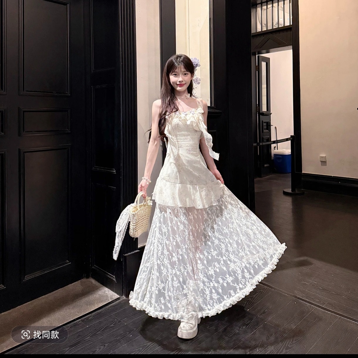 안개 보라색 꽃말 부드러운 바람 자수 레이스 조각 슬립 롱 스커트 여름 착용 가져 가라.
