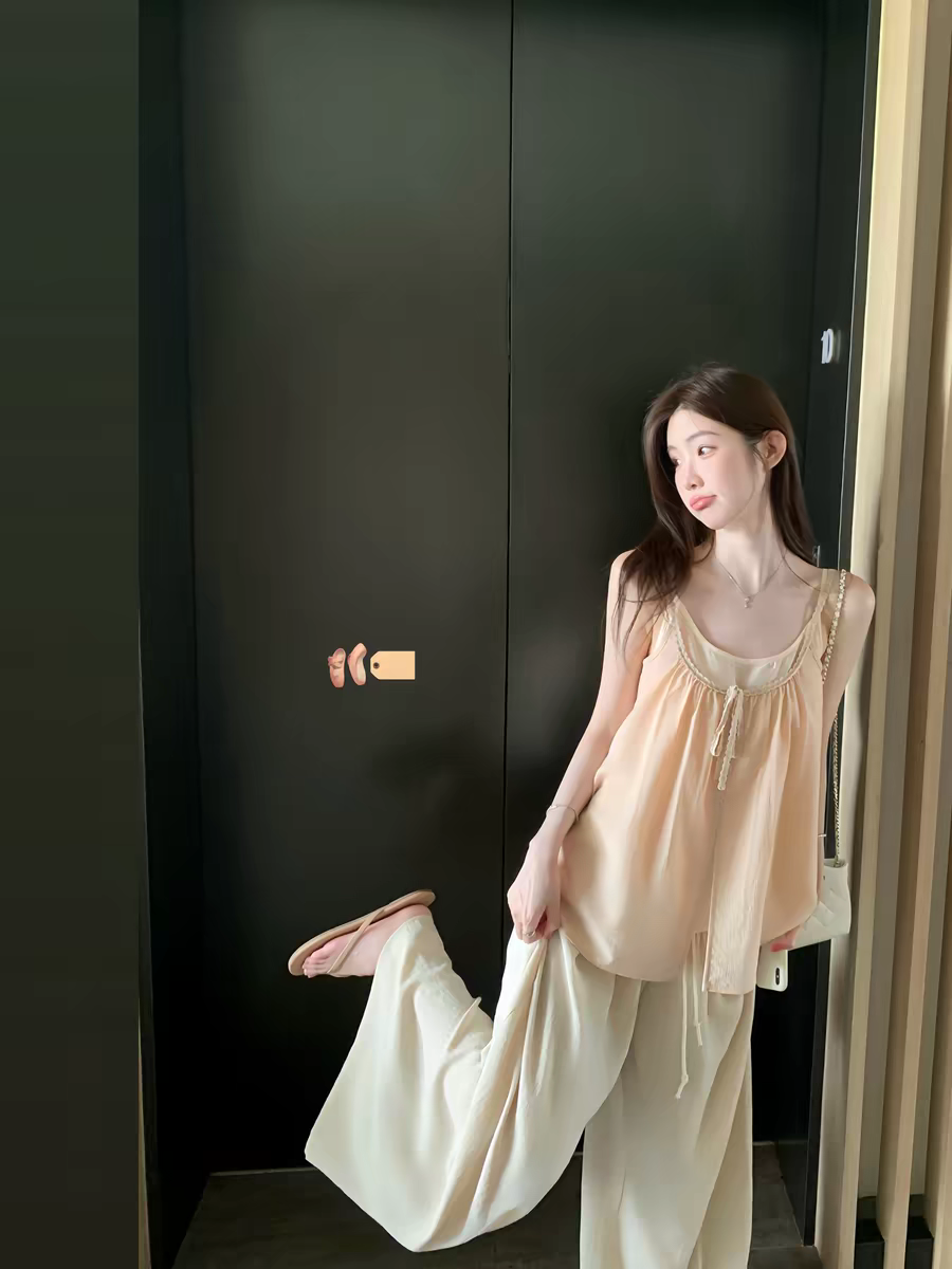 화이트 워터 여성 아마 펄럭 이는 바지 축소 Pleat 펌프 로프 와이드 레깅스 바지 여름 디자인 센스 루즈핏 느긋한 바람 캐주얼 치마바지