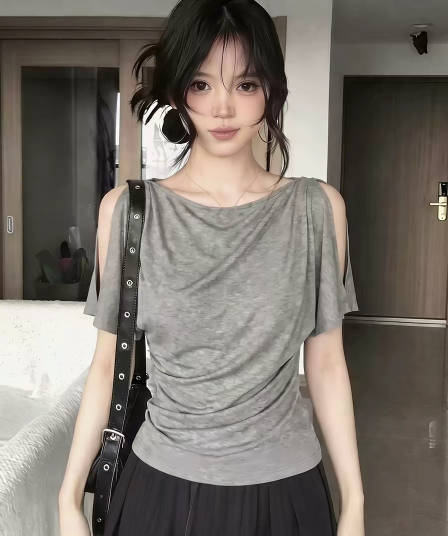 한국 스타일 패션 오프숄더 트임 작은 날다 소매 반팔 티셔츠 여성 슈퍼 잘 생긴 ~ 중 몸매 가꾸기 슬림해 보이는 다용도 주름 맨위