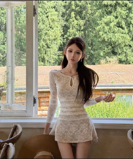 핑크색 얕은 곡물 부드러운 라임 프랑스식 나팔 소매 홀로우 아웃 허리 수축 슬림해 보이는 한 마디 드레스 fh26c3q3039