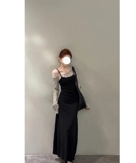 새로운 하트 도트 무늬 비스듬한 어깨 패치워크 허리 수축 슬림해 보이는 롱 스커트 품격 페이크 레이어드 긴팔 드레스