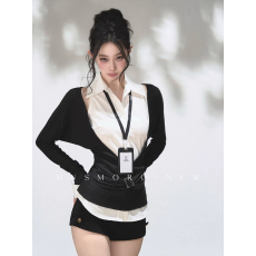 批发高智感叠穿收腰显瘦无袖衬衫女复古大V领针织上衣两件套