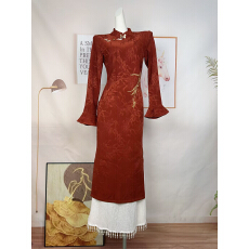 批发凌茜恣禾 明珠堂'新中式红<b class='q'>提花</b>改良旗袍女秋季立领掐腰长袖<b class='q'>连衣裙</b>