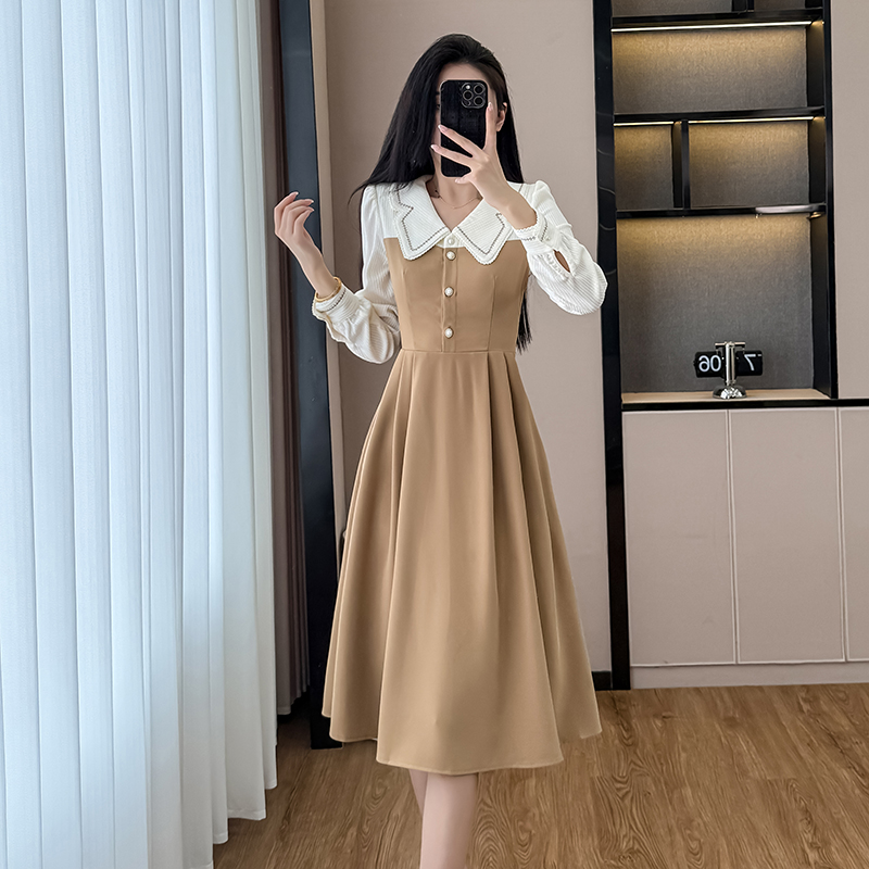 MY12961# 新款女气质娃娃领假两件通勤拼接连衣裙遮肚修身裙子女裝貨源...