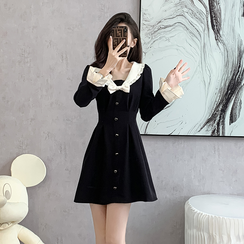 2026 베이비 칼라 달콤함 허리 수축 검정색 긴팔 여성 드레스 봄 새로운 품격 그는 벤 바람 한 마디 치마