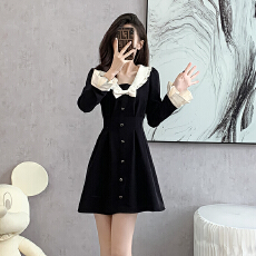 批发2026娃娃领甜美收腰黑色长袖<b class='q'>连衣裙</b>女春季新款气质赫本风a字裙子