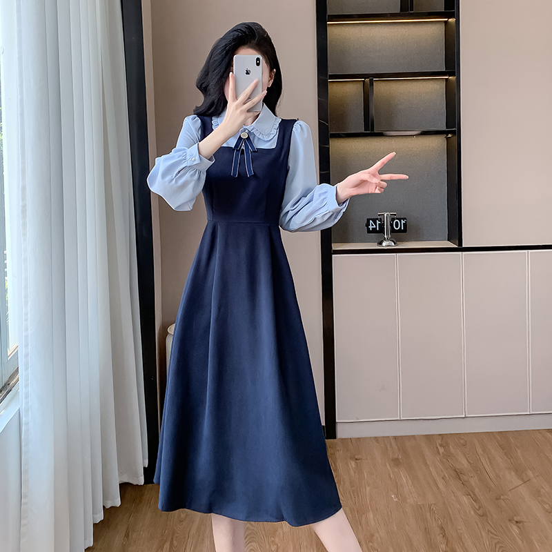 페이크 레이어드 학원 스타일 베이비 칼라 드레스 2026 년 조기 봄 프랑스식 길다 치마 소녀 착용 가져 가라. 치마