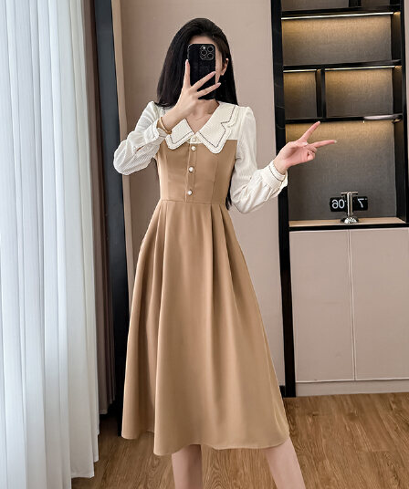 2026 봄 새로운 여성 품격 베이비 칼라 페이크 레이어드 출퇴근 이른 봄 패치워크 드레스 표지 배 몸매 가꾸기 치마