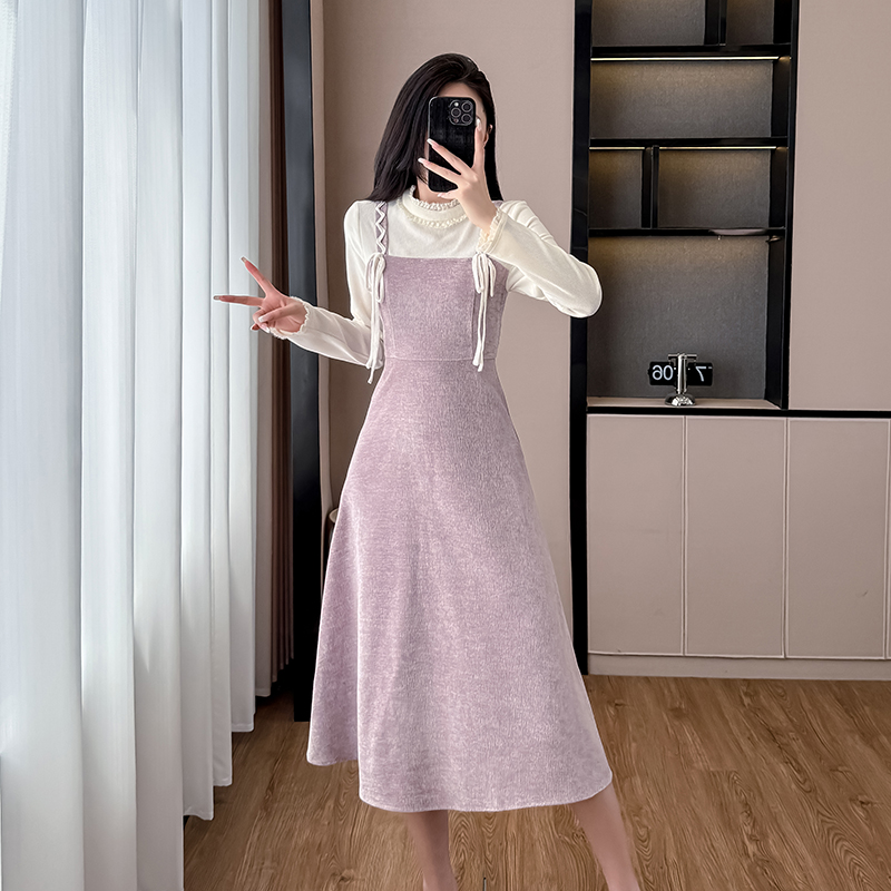 2026 년 프랑스식 보라색 패치워크 페이크 레이어드 여성 드레스 봄 부드러운 바람 만나는 한 마디 인사이드 가져 가라. 롱 스커트